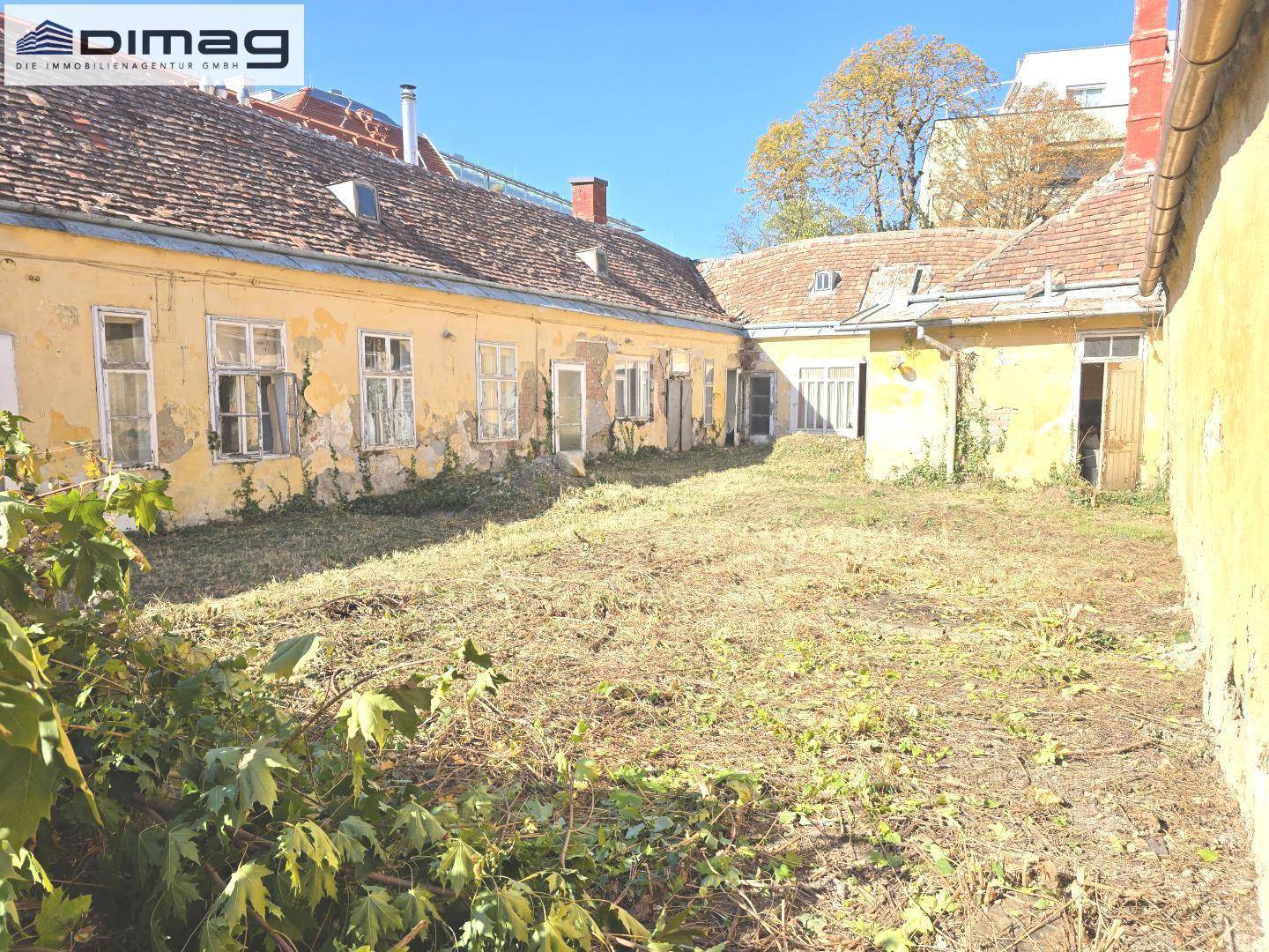 Verwilderter Innenhof umgeben von alten, renovierungsbedürftigen Gebäuden unter blauem Himmel.