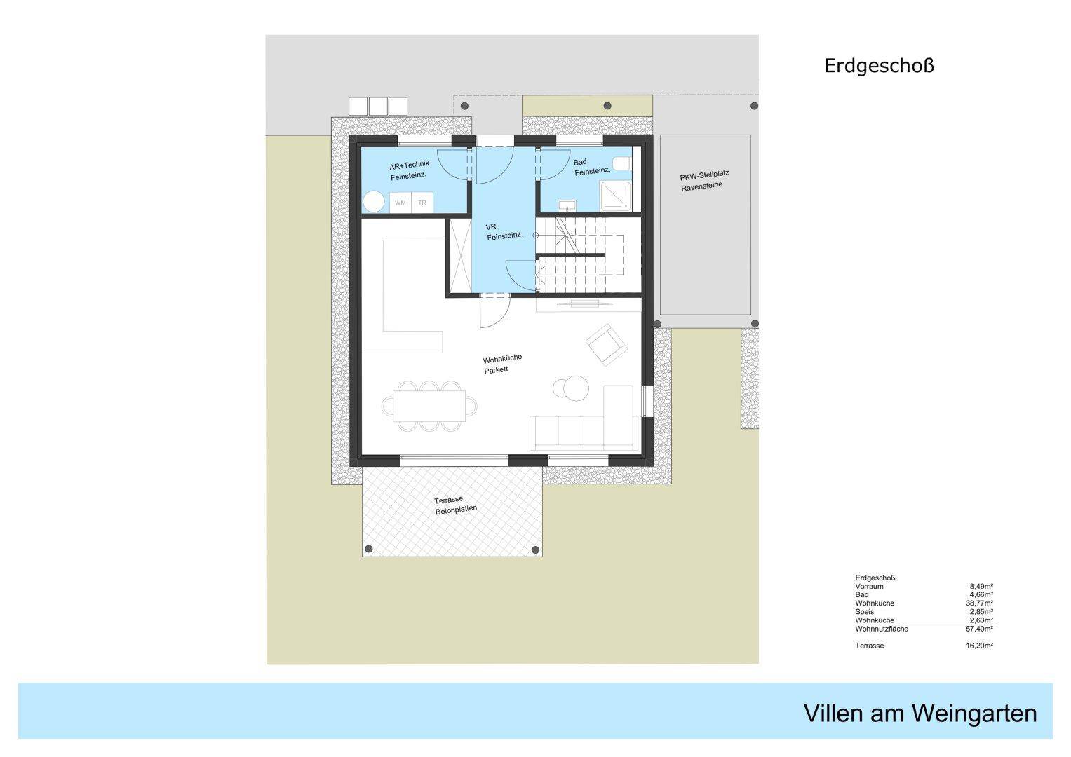 Grundriss des Erdgeschosses mit Wohnküche, Bad und Terrasse.