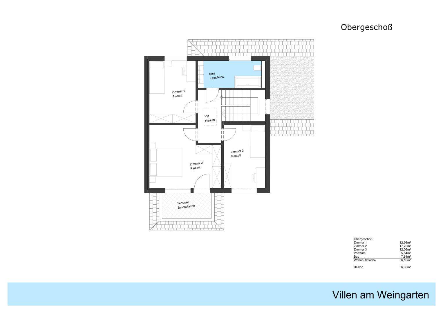 Grundriss des Obergeschosses mit drei Schlafzimmern und Balkon.