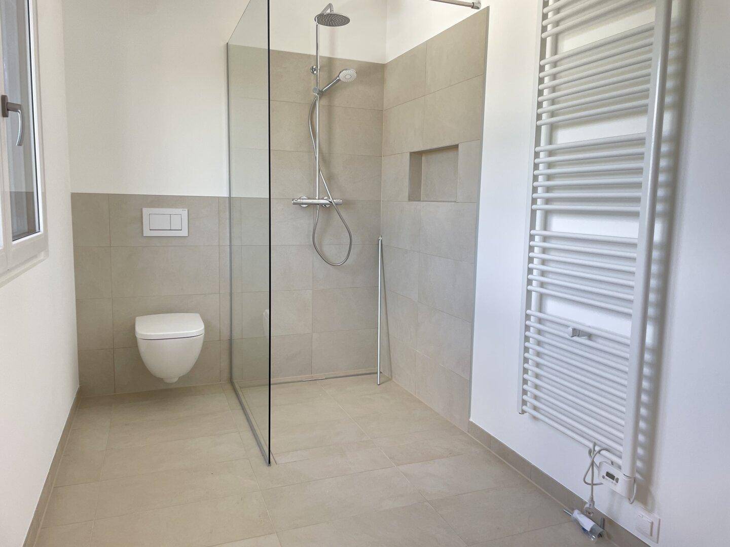 Detailansicht des modernen Badezimmers mit großer ebenerdiger Dusche und Wand-WC.