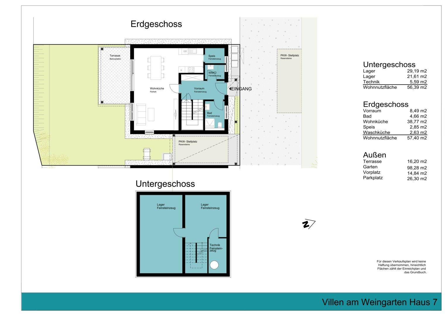 Grundriss des Erdgeschosses und Untergeschosses mit Raumaufteilung und Flächenangaben.