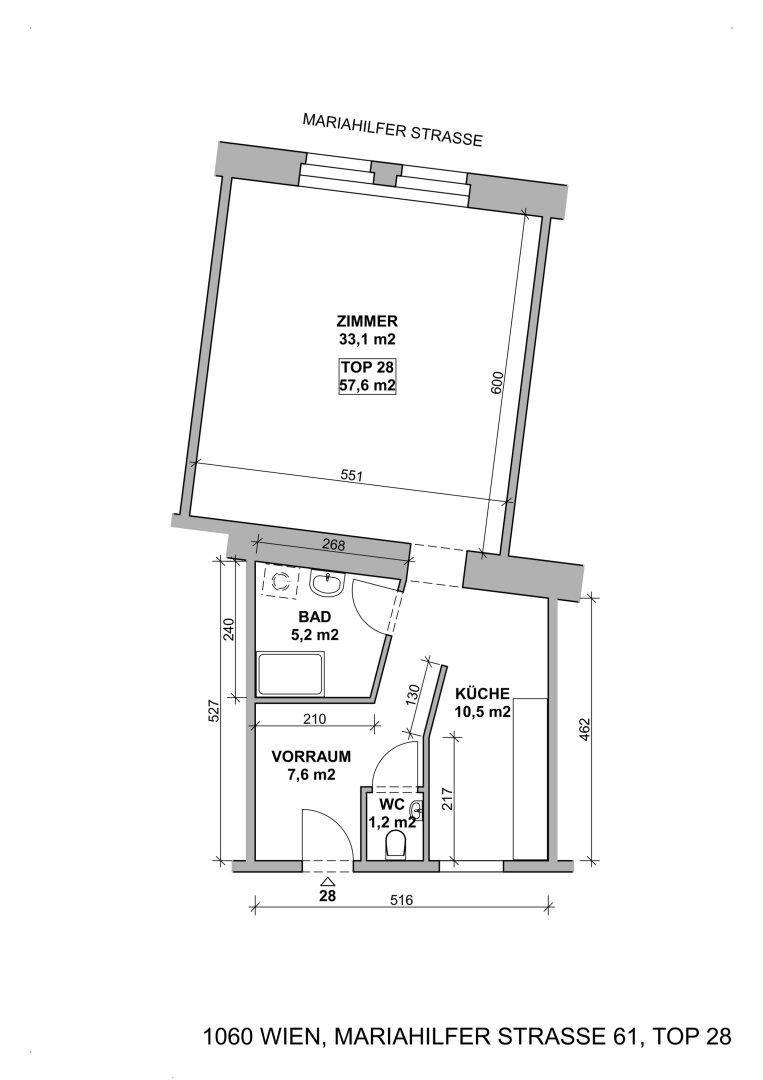 Grundriss der Wohnung Top 28 mit Zimmer, Bad, Küche, Vorraum und separatem WC.