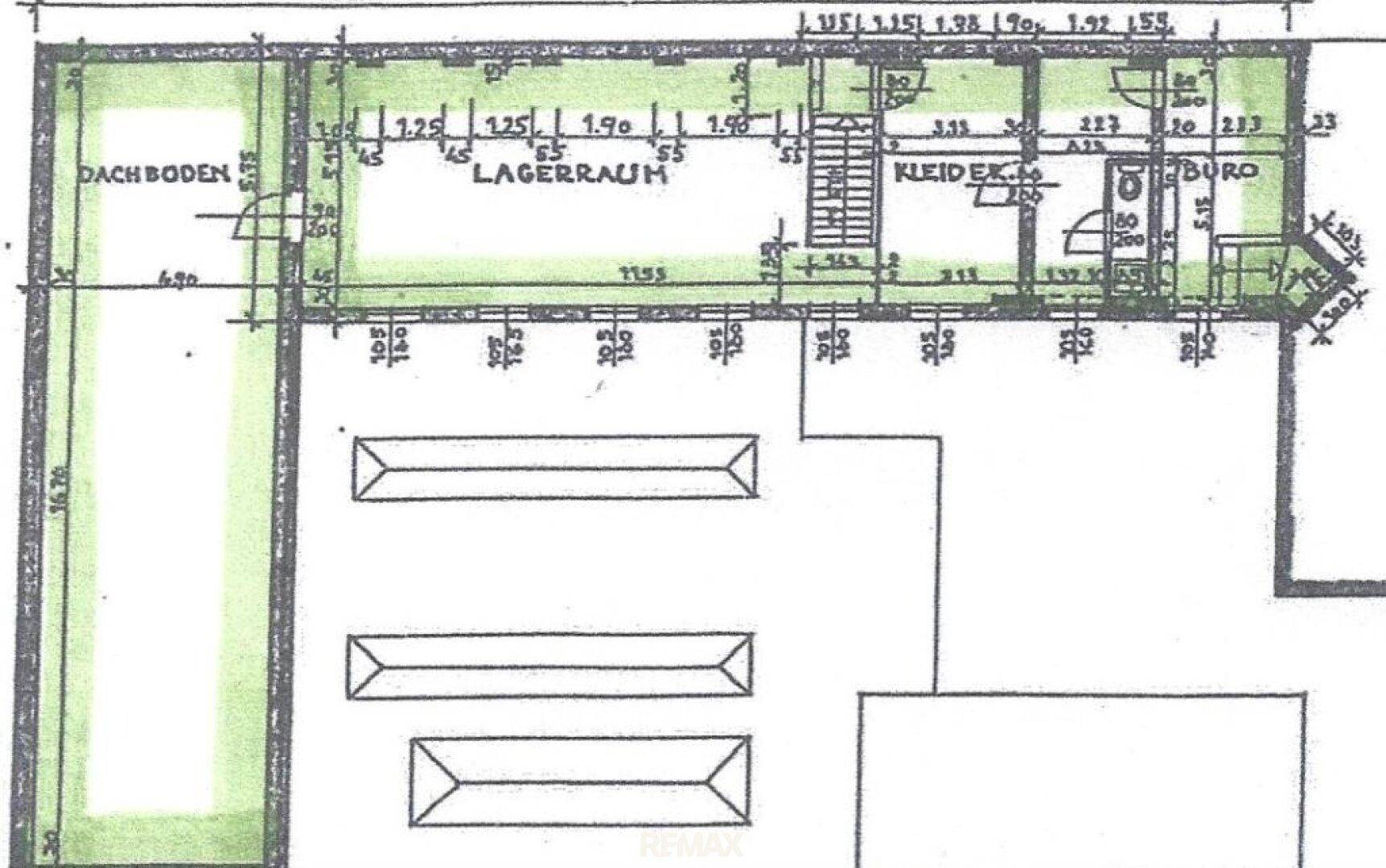 Grundrissplan zeigt Lagerraum, Kleiderkammer und Büro mit Maßen.
