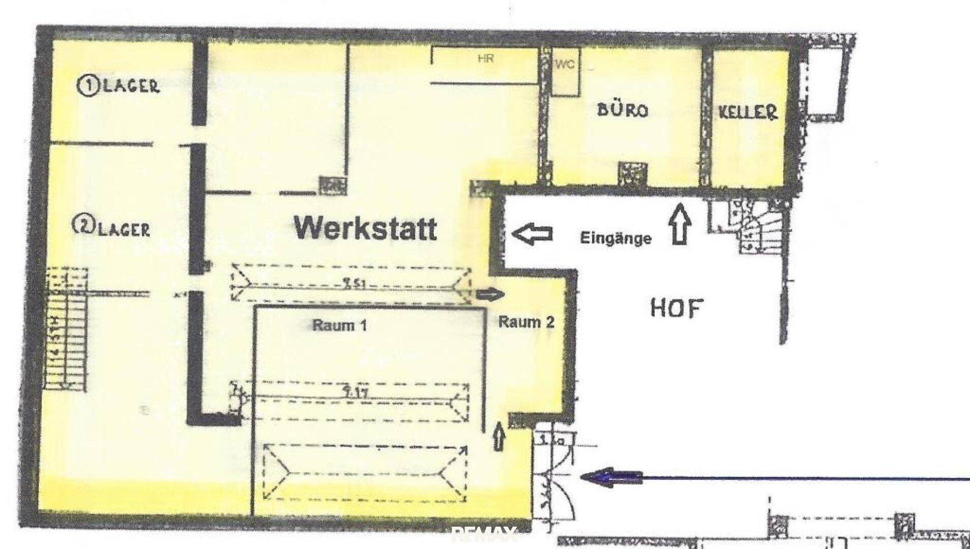 Grundrissplan zeigt verschiedene Bereiche wie Werkstatt, Lager, Büro, Keller und einen Hof.