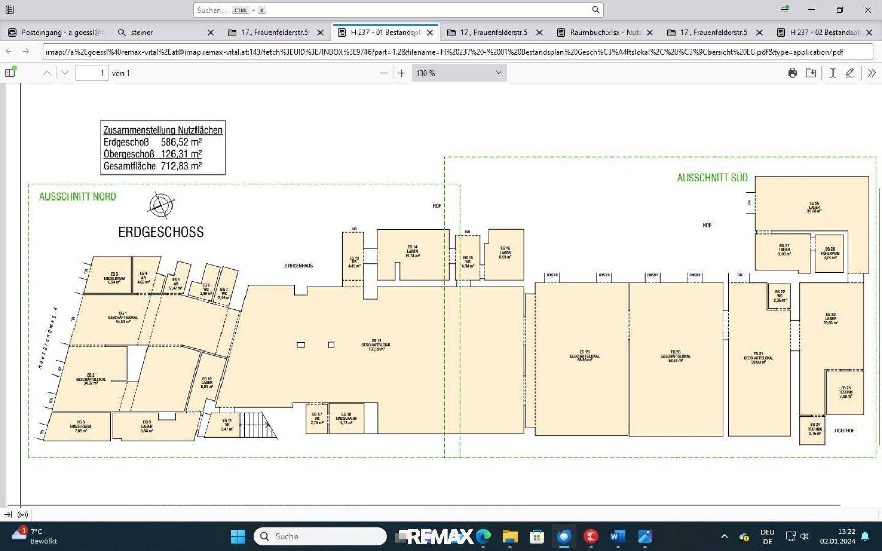 Grundriss des Erdgeschosses mit verschiedenen Nutzflächen und Gesamtfläche von 712,83 m².