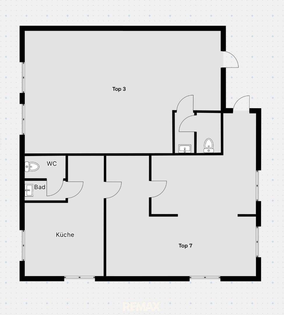 Grundriss einer Wohneinheit mit separater Küche, Bad und WC.