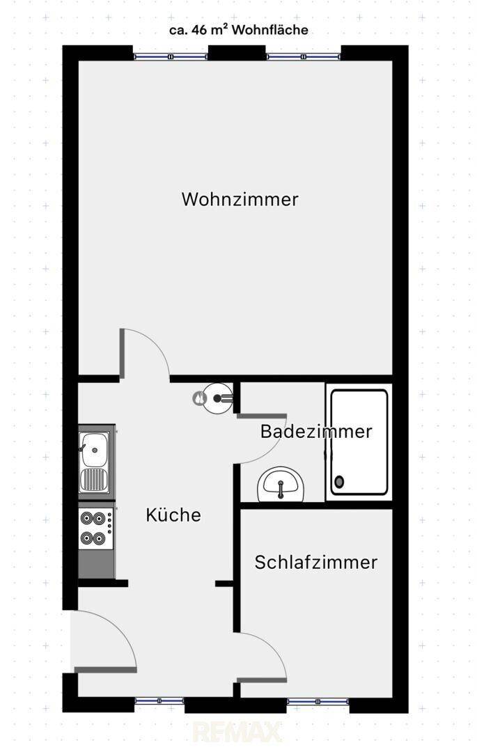 Grundriss einer Wohnung mit Wohnzimmer, Schlafzimmer, Küche und Badezimmer mit separatem WC.