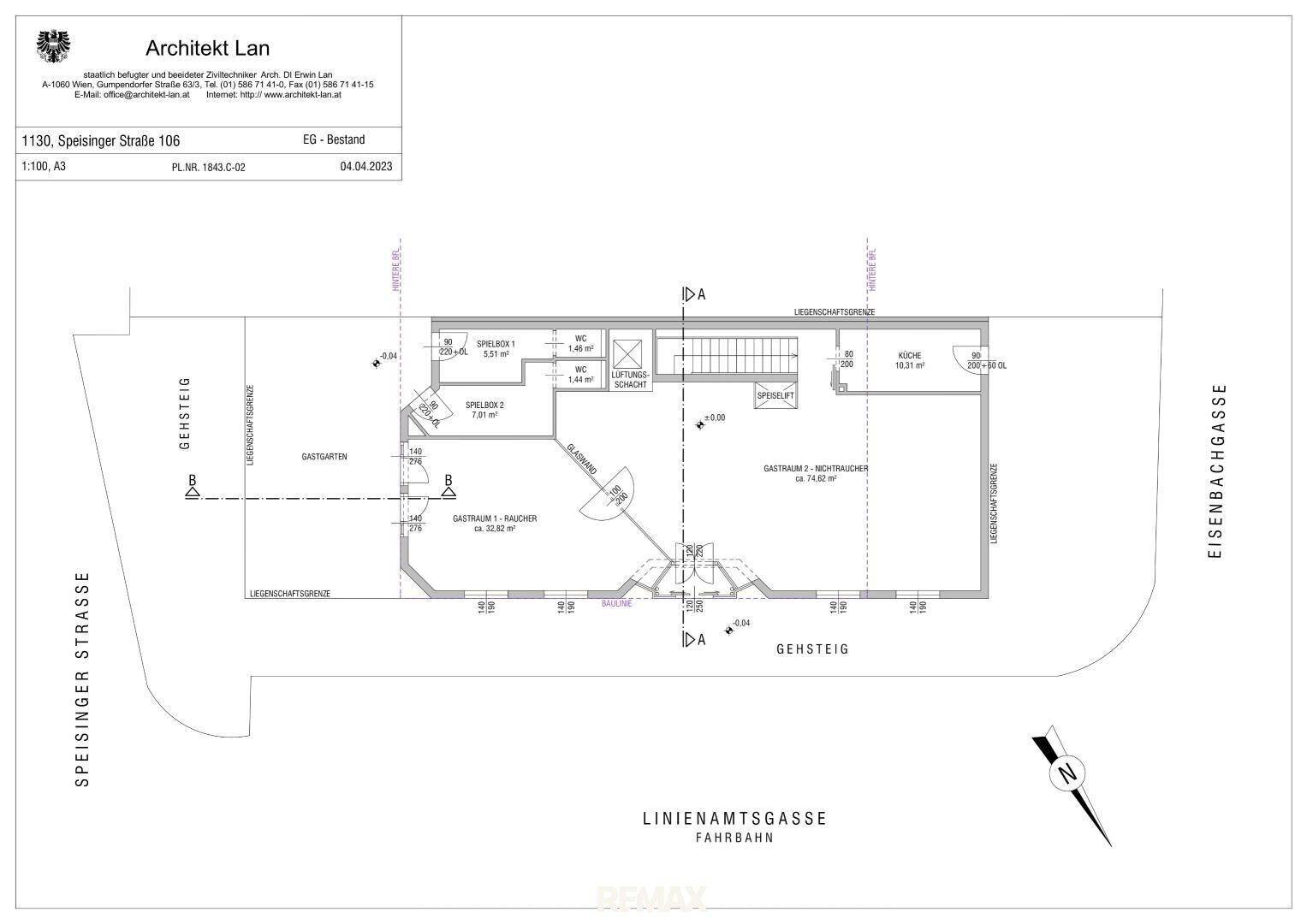 Grundriss des Erdgeschosses mit Gasträumen, Küche und Zugang zum Gastgarten.