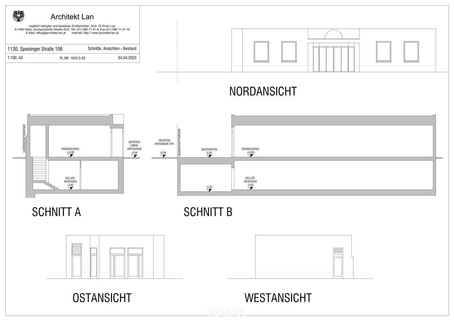 Architektonische Schnitte und Ansichten des Gebäudes, inklusive Nord-, Ost- und Westansicht.