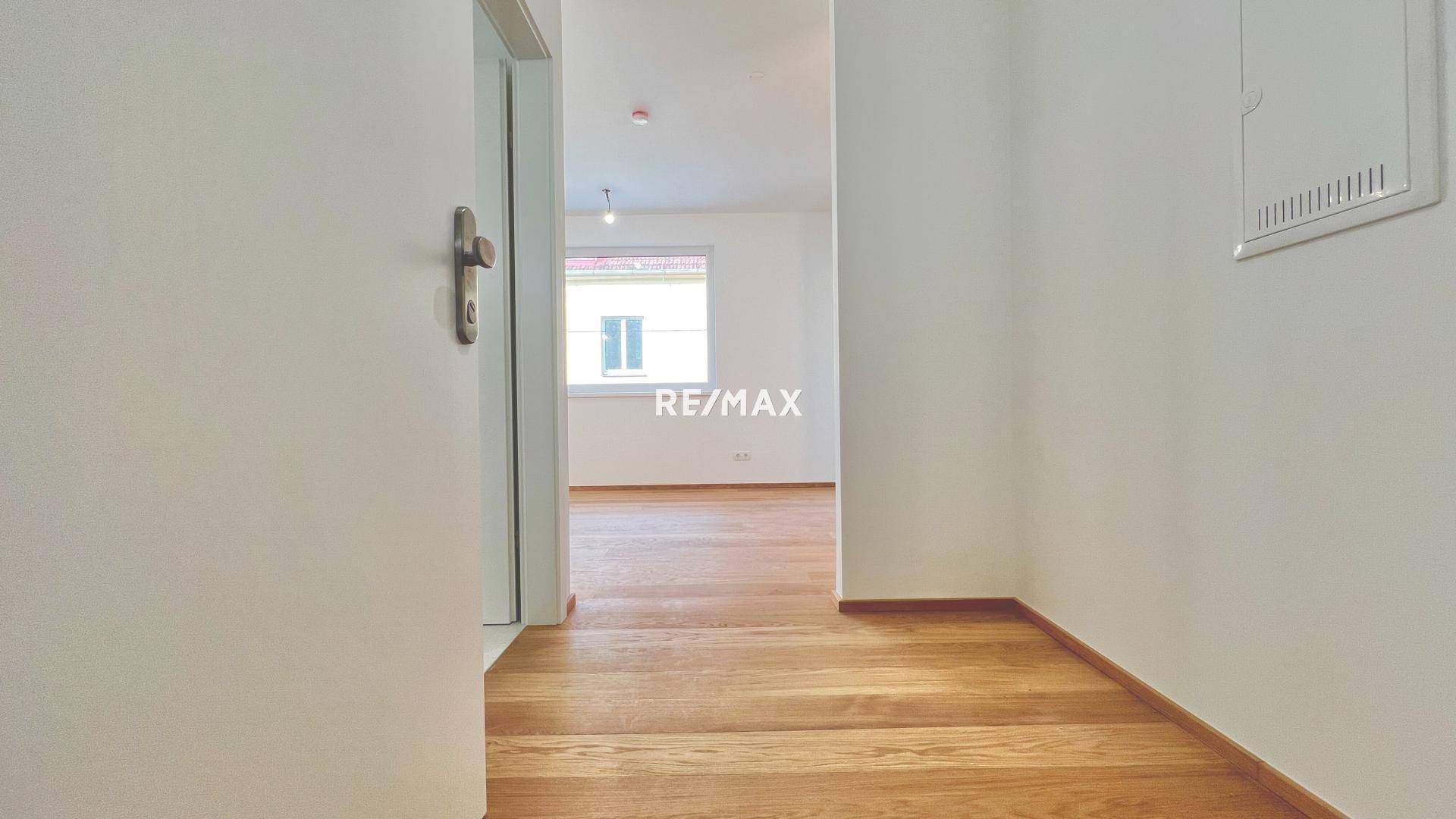 Eingangsbereich mit Holzboden, der in einen hellen Wohnraum mit Fenster und viel Tageslicht führt.