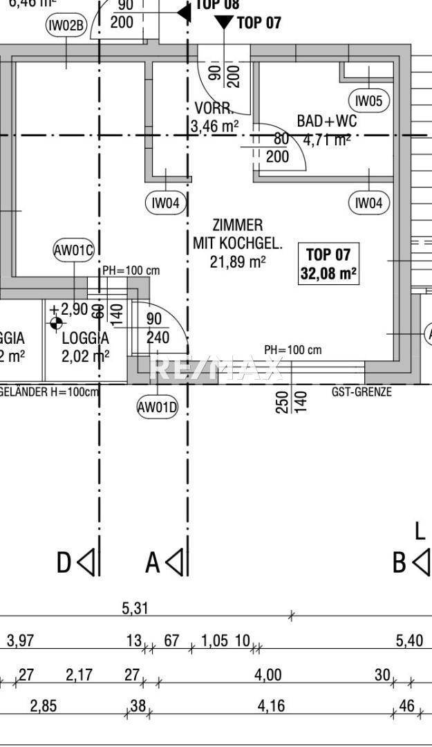 Grundriss der Wohnung Top 07 zeigt die Raumaufteilung mit Zimmer, Bad und einer Loggia.
