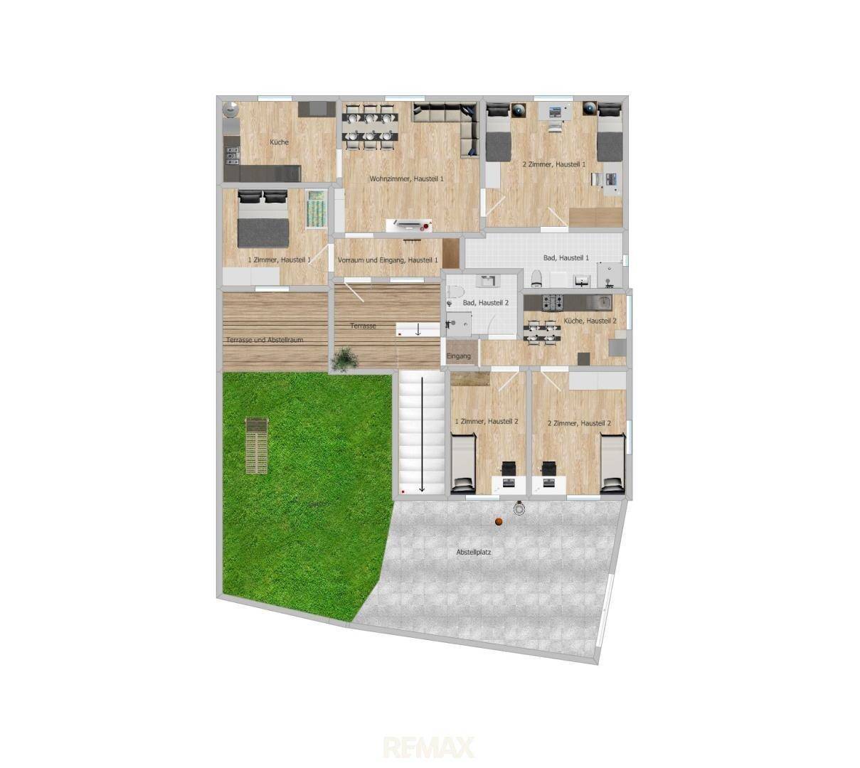 Detaillierter Grundriss mit Aufteilung in Wohnzimmer, Küchen, Bäder, Terrasse und Gartenbereich.