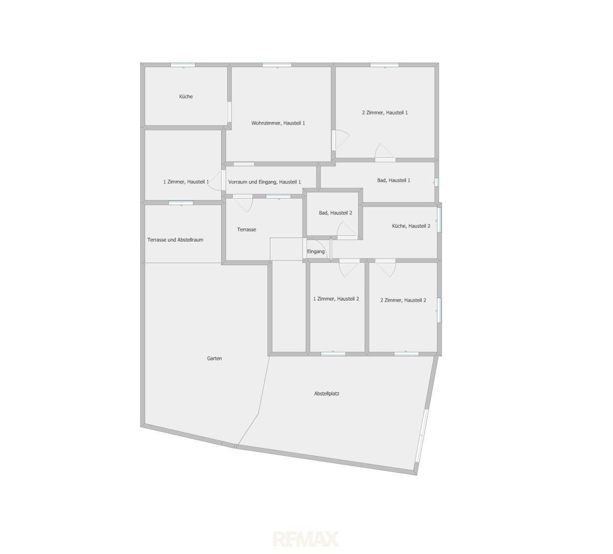 Grundrissplan eines Hauses mit mehreren Zimmern, Küchen, Bädern, Terrasse und Gartenbereich.