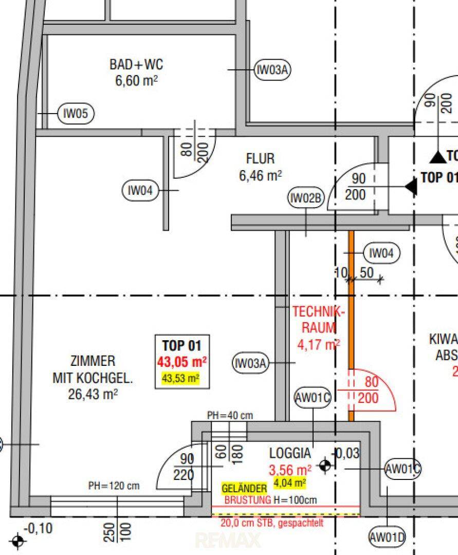 Detaillierter Grundriss mit Bad, Flur, Zimmer mit Kochgelegenheit und einer Loggia.