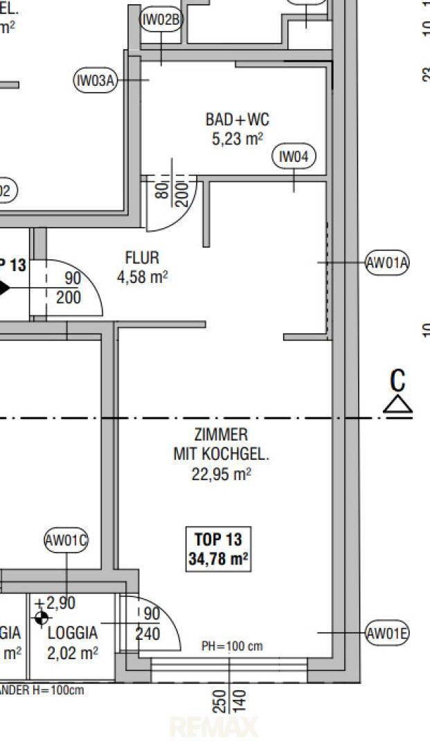 Grundriss einer Wohnung mit Bad, separatem WC, Flur, Zimmer mit Kochgelegenheit und Loggia.