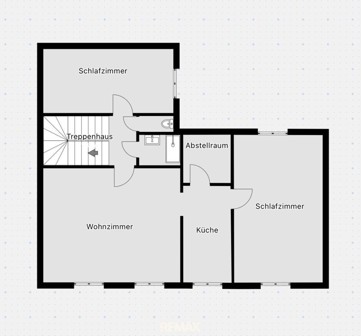 Grundriss des Obergeschosses mit Schlafzimmern, Wohnzimmer, Küche und Abstellraum.