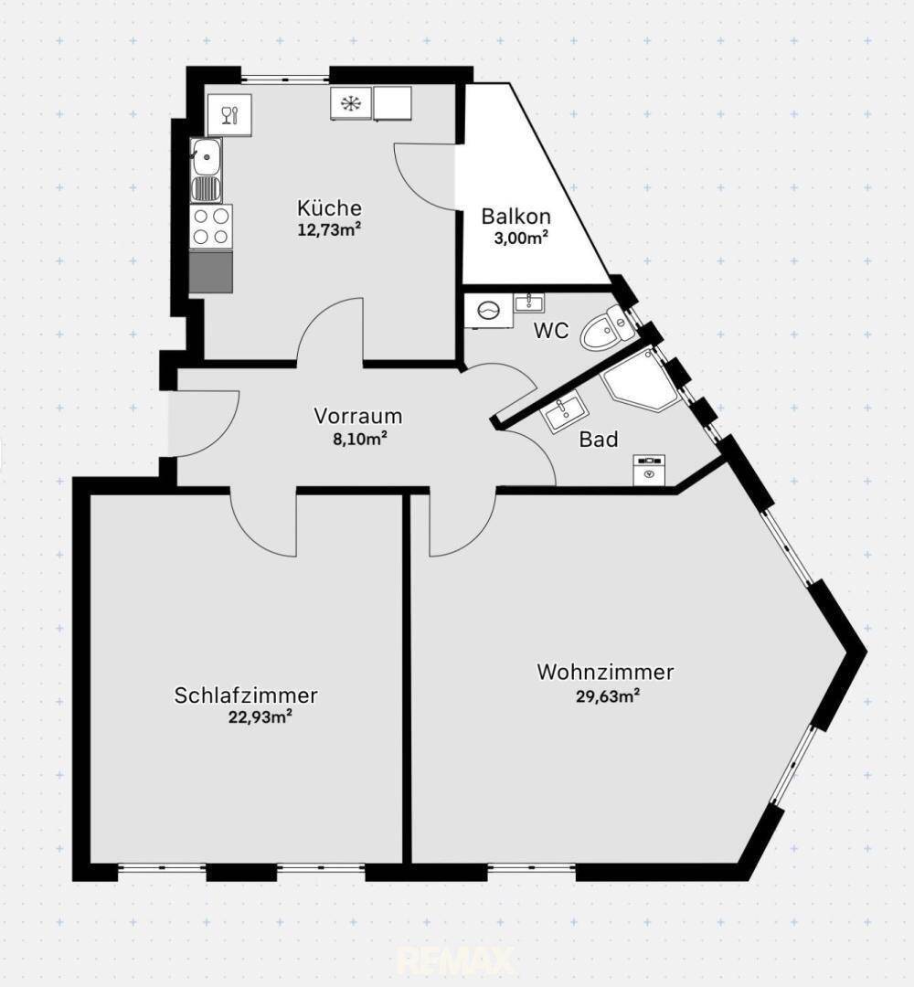 Grundriss einer Wohnung mit Küche, Bad, WC, Vorraum, Schlafzimmer, Wohnzimmer und Balkon.