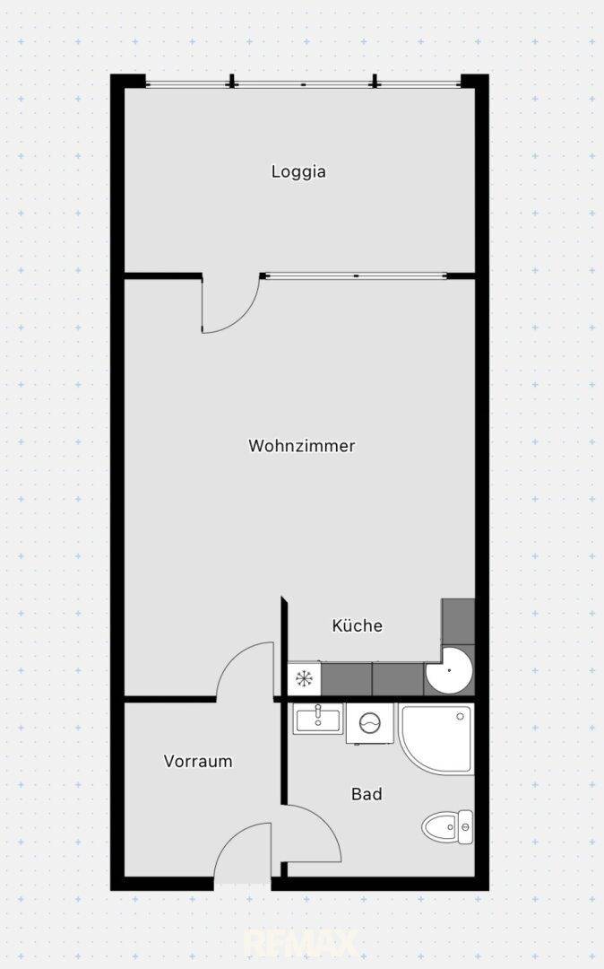 Grundrissplan zeigt die Aufteilung mit Loggia, Wohnzimmer, Küche, Bad und Vorraum.