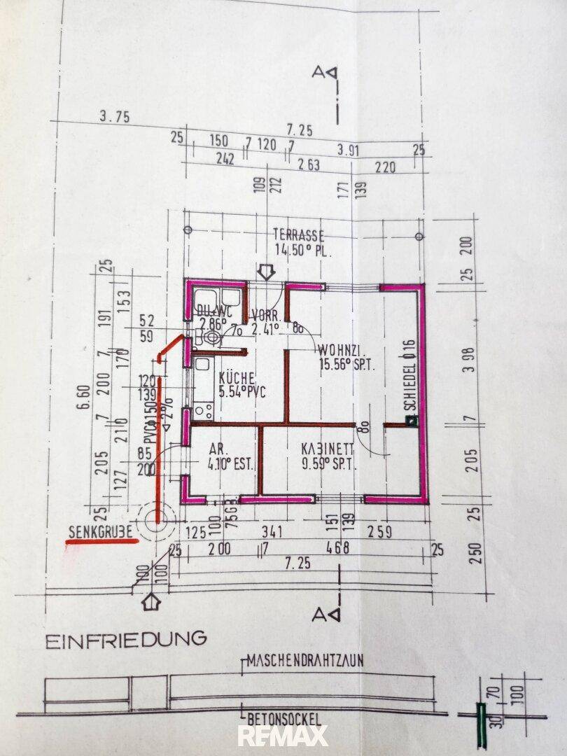 Grundrissplan mit Raumaufteilung für Wohnzimmer, Küche, Bad und Terrasse.
