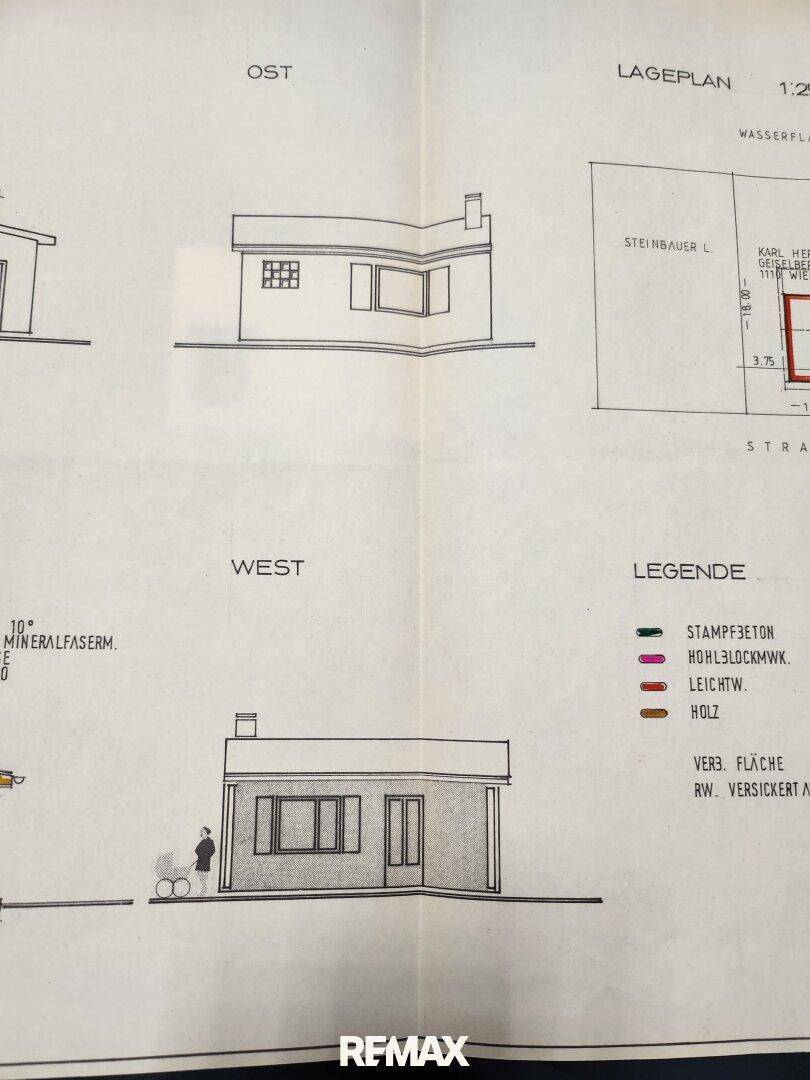Architektonische Zeichnung mit Gebäudeansichten und einem Ausschnitt des Lageplans.
