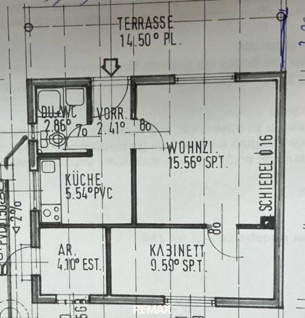 Detaillierter Grundrissabschnitt mit Wohnzimmer, Küche und Badezimmer, klar dargestellt.