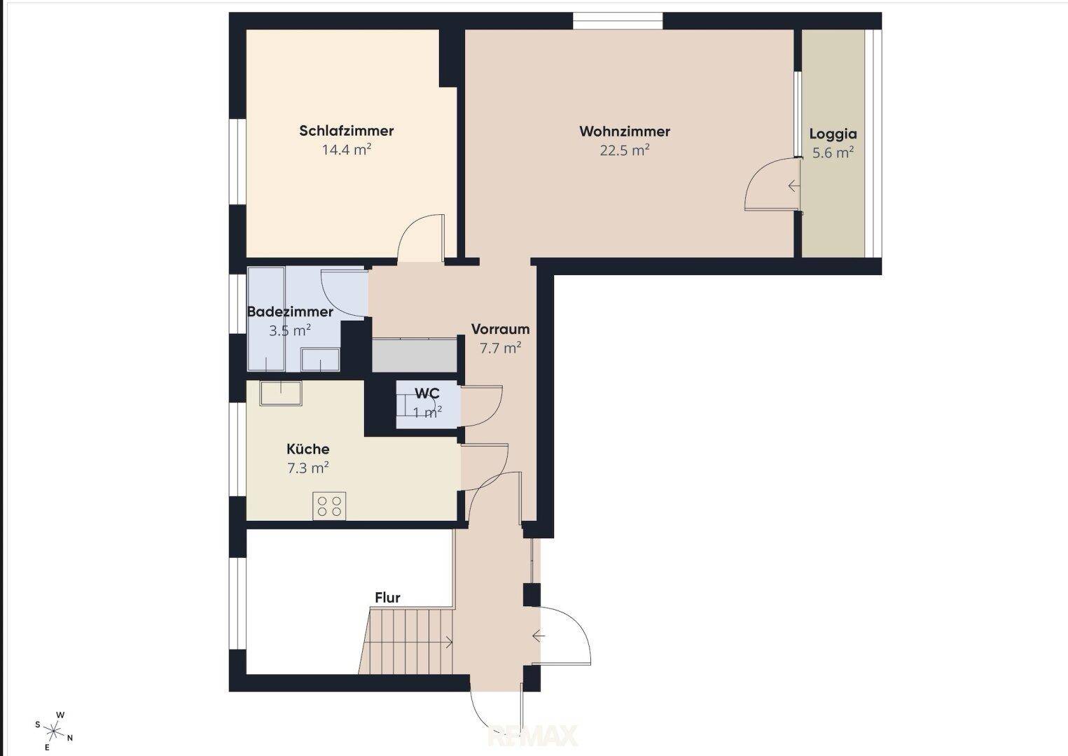 Übersichtlicher Grundriss der Wohnung mit Schlafzimmer, Wohnzimmer, Bad, WC und Loggia.