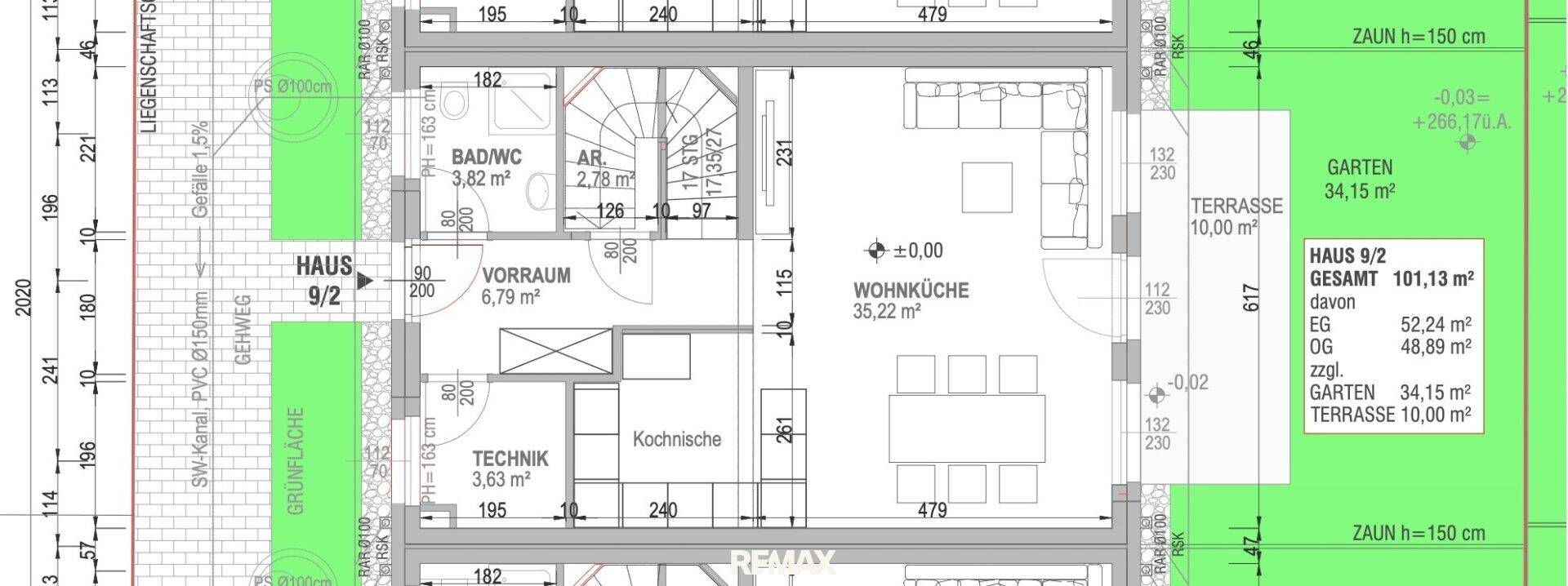 Grundriss des Erdgeschosses mit offener Wohnküche, Bad, Technikraum, Garten und Terrasse.