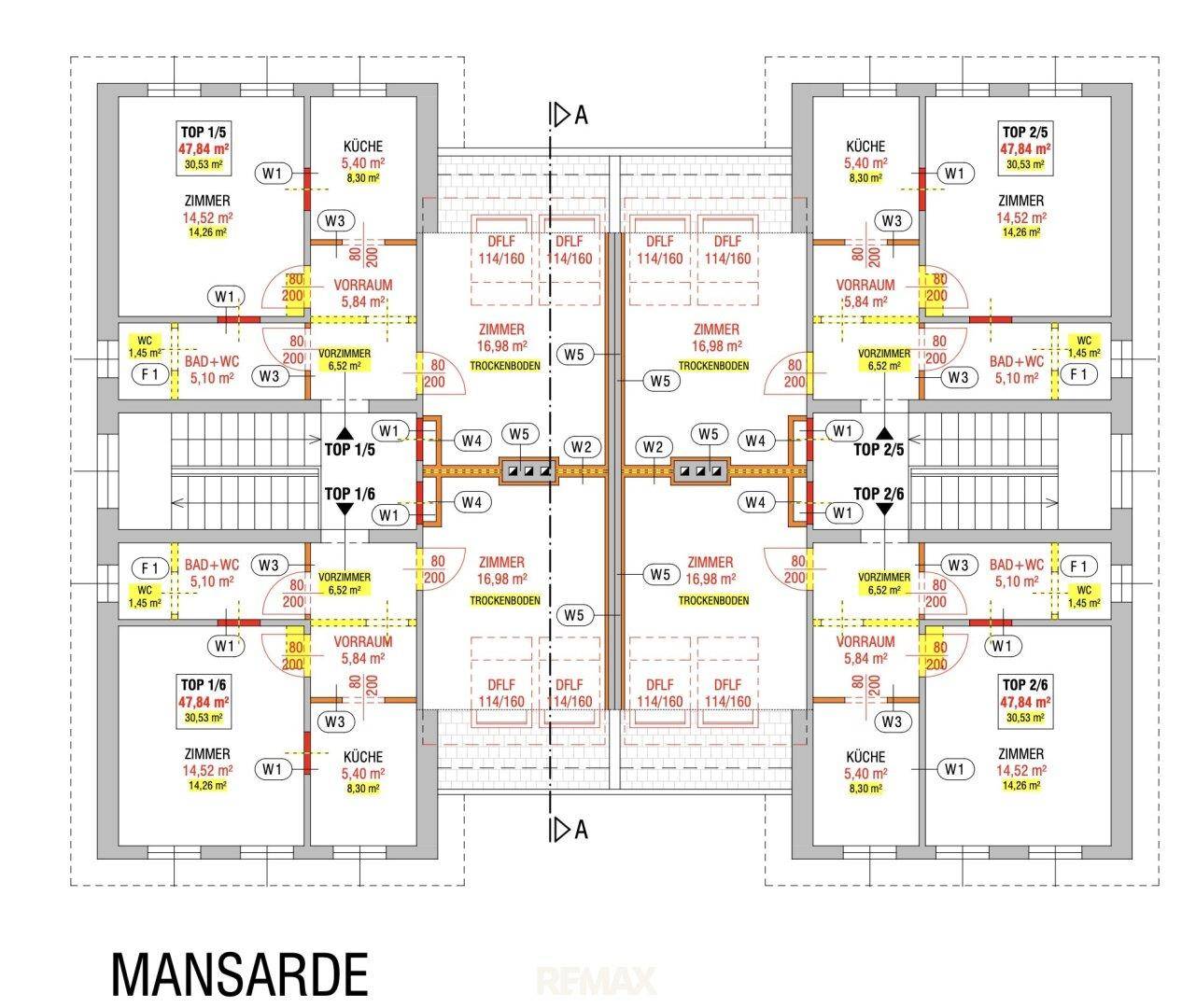 Grundriss des Mansardgeschosses mit mehreren Wohneinheiten und Trockenböden.