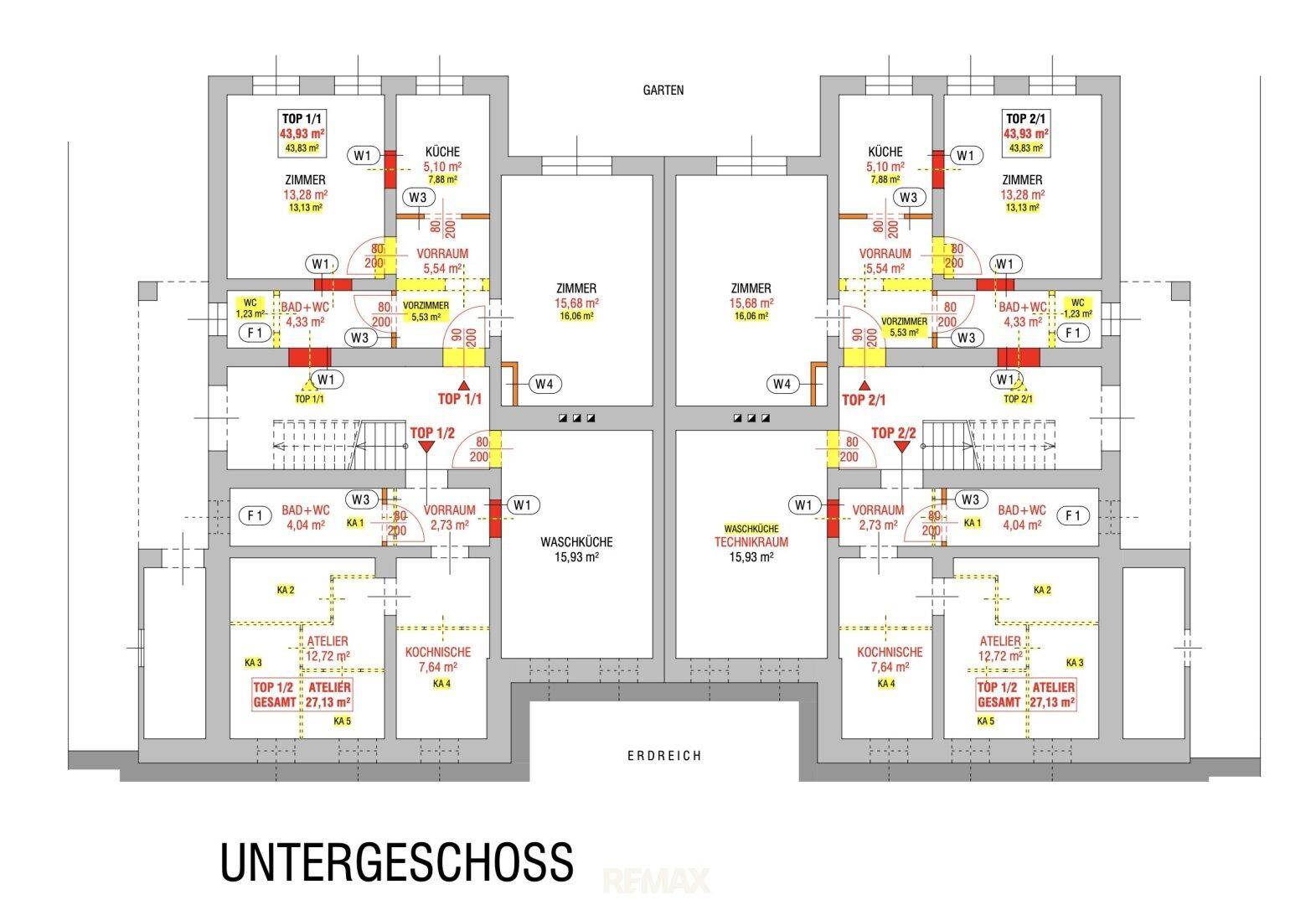 Grundriss des Untergeschosses mit verschiedenen Wohneinheiten und Gemeinschaftsräumen.