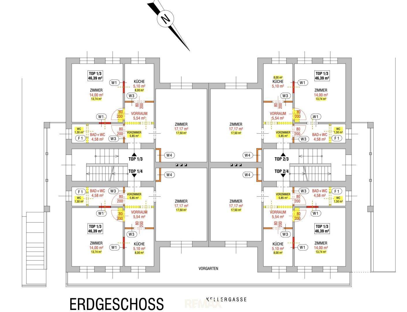 Grundriss des Erdgeschosses mit mehreren Wohneinheiten und Zugang zum Vorgarten.
