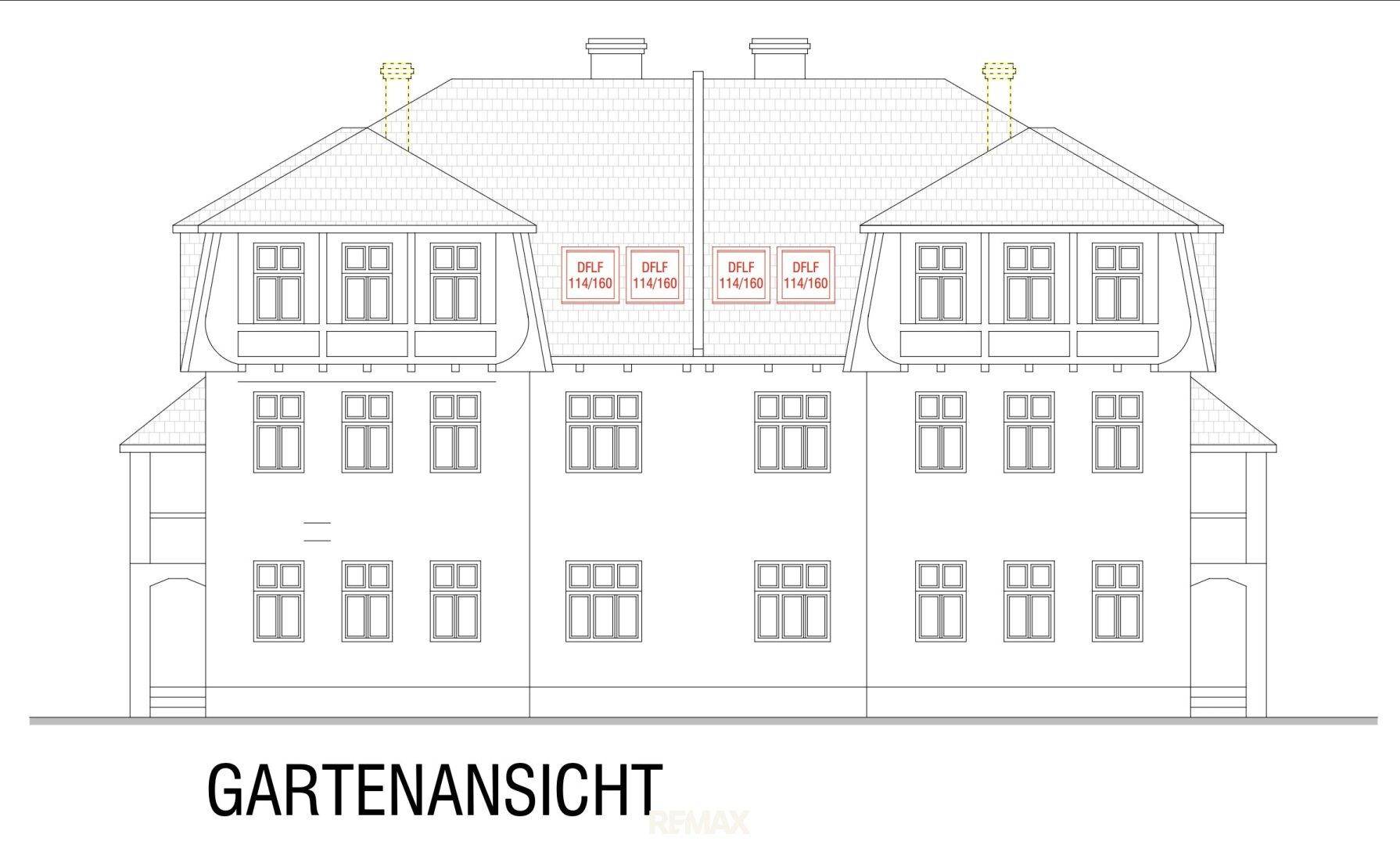 Architektonische Zeichnung der Gartenansicht eines Gebäudes mit mehreren Fenstern und Satteldach.