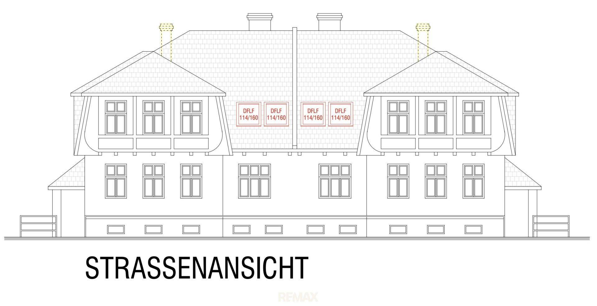 Architektonische Zeichnung der Straßenansicht eines Gebäudes mit symmetrischer Fassade und vielen Fenstern.
