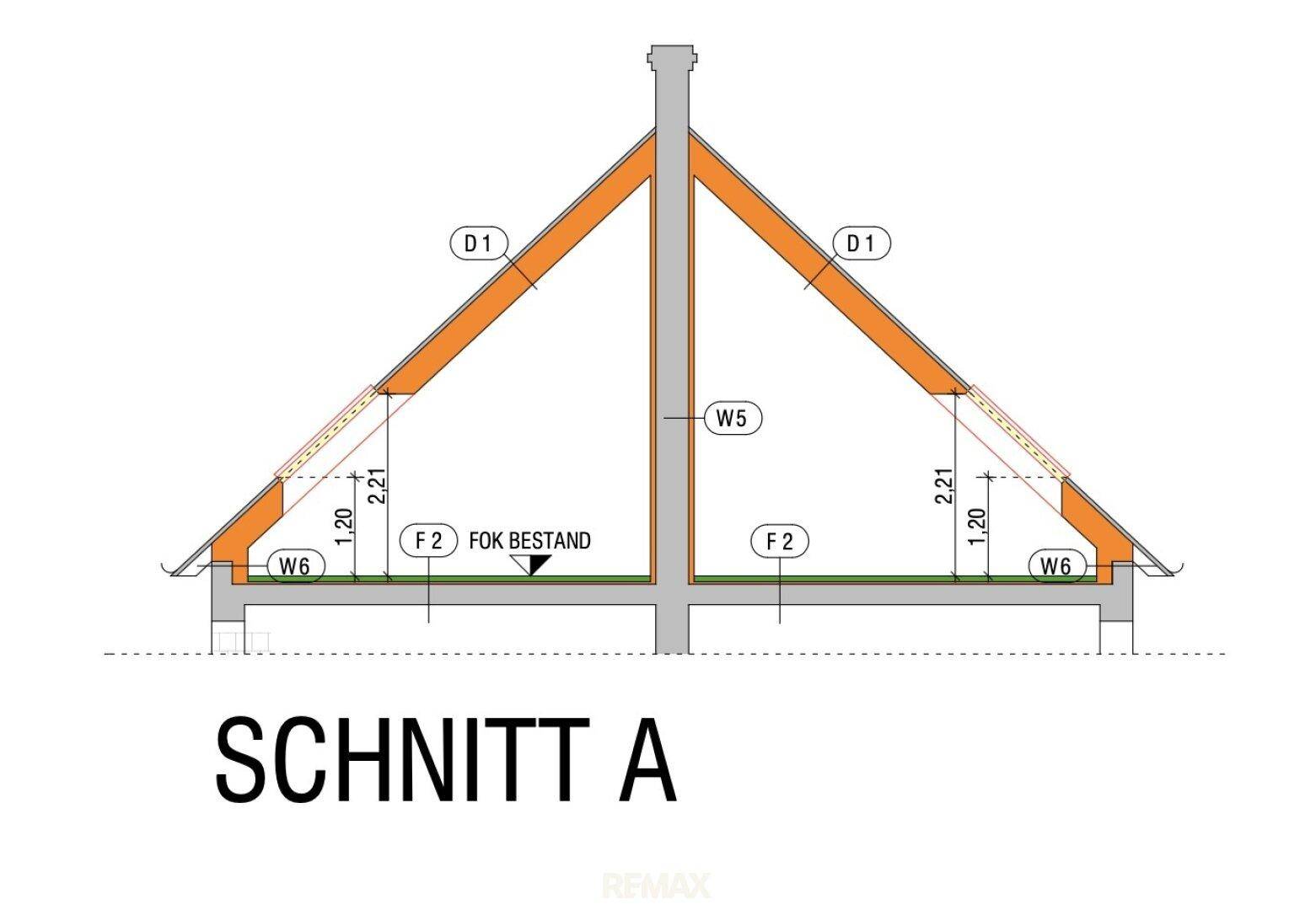 Architektonischer Schnittplan, der die Dachkonstruktion mit sichtbaren Balken und Dachschrägen zeigt.