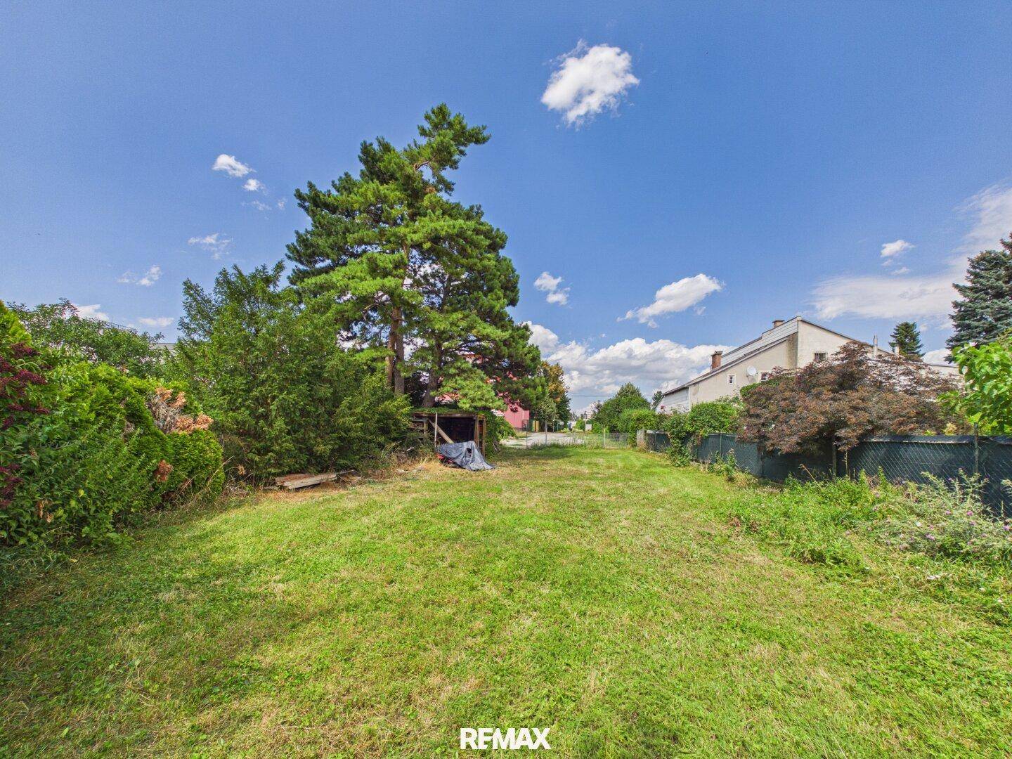 Weitläufige grüne Rasenfläche unter blauem Himmel, umgeben von Bäumen und angrenzenden Gebäuden.