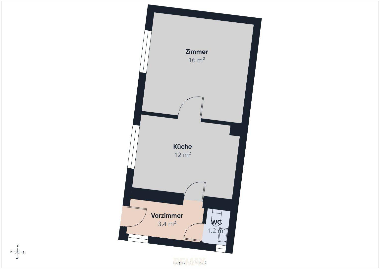 Grundriss einer separaten Wohneinheit mit Zimmer, Küche, Vorzimmer und WC.