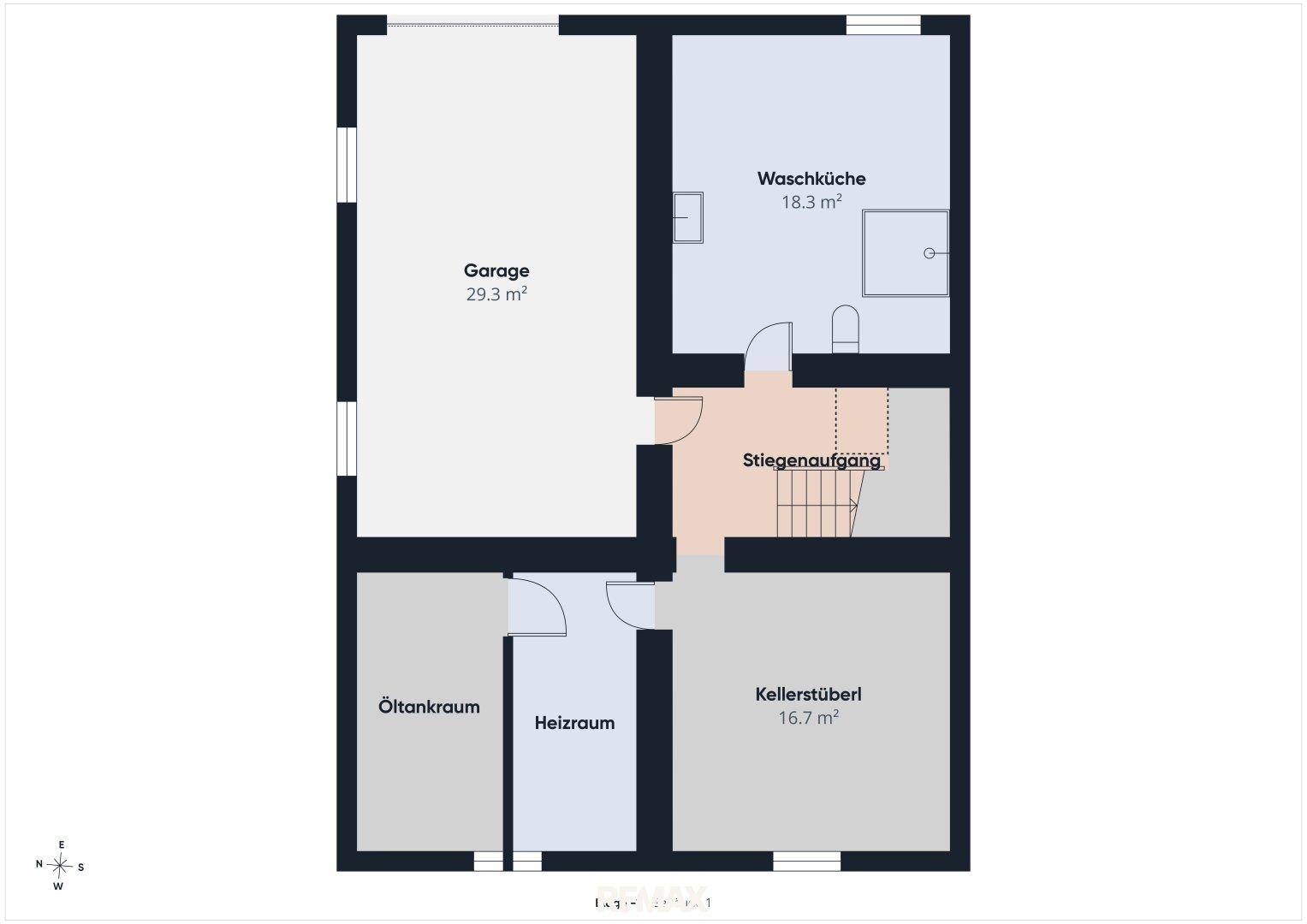 Grundriss des Kellergeschosses mit Garage, Waschküche, Heizraum und Kellerstüberl.