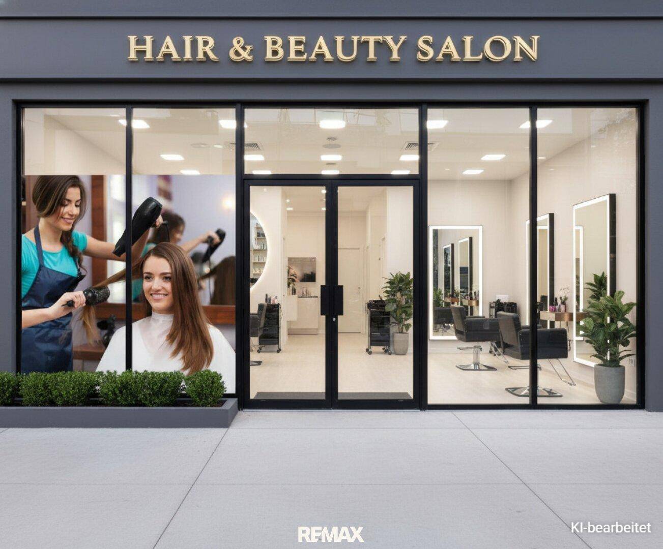 Moderne Ladenfront eines Friseur- und Schönheitssalons mit großen Schaufenstern und Blick ins Innere.