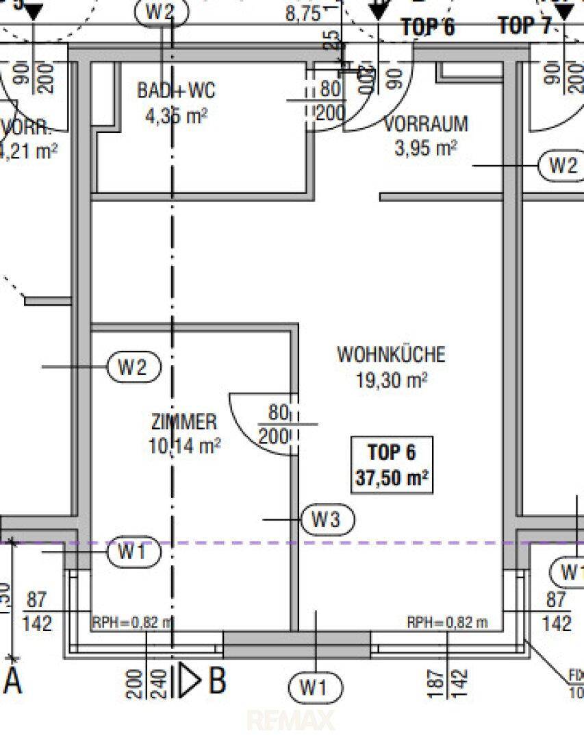 Grundriss der Wohnung TOP 6 mit Wohnküche, Zimmer, Bad und Vorraum.