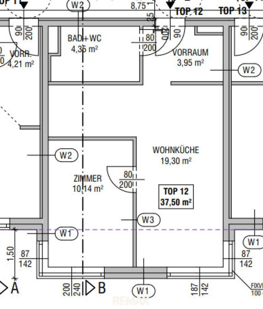 Grundriss einer Wohnung mit Wohnküche, Zimmer und separatem Bad mit WC.