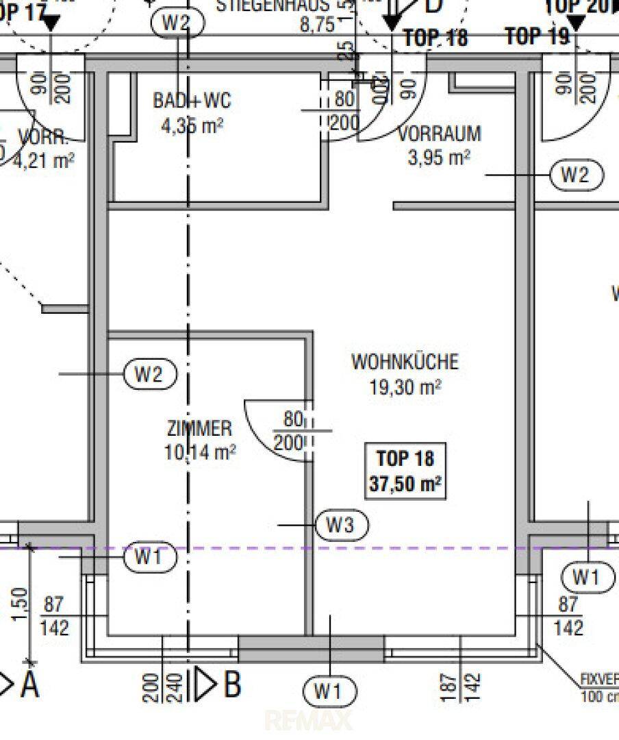 Grundriss einer Wohnung mit Wohnküche, Zimmer und Bad mit WC.