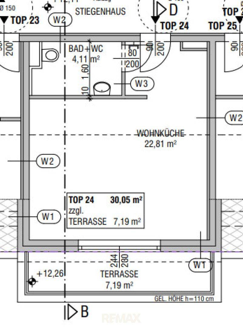Grundriss der Wohnung mit offener Wohnküche und einer großzügigen Terrasse von 7,19 m².