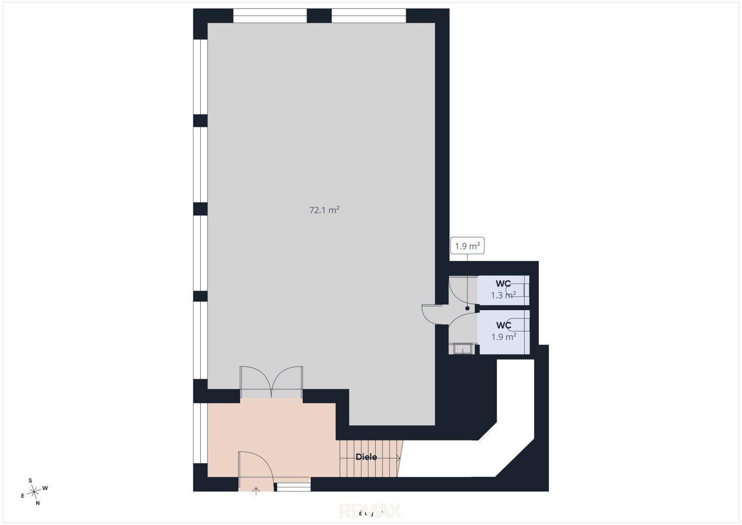Grundriss zeigt einen großen Hauptraum von 72,1 m² und zwei separate WC-Räume mit Diele.