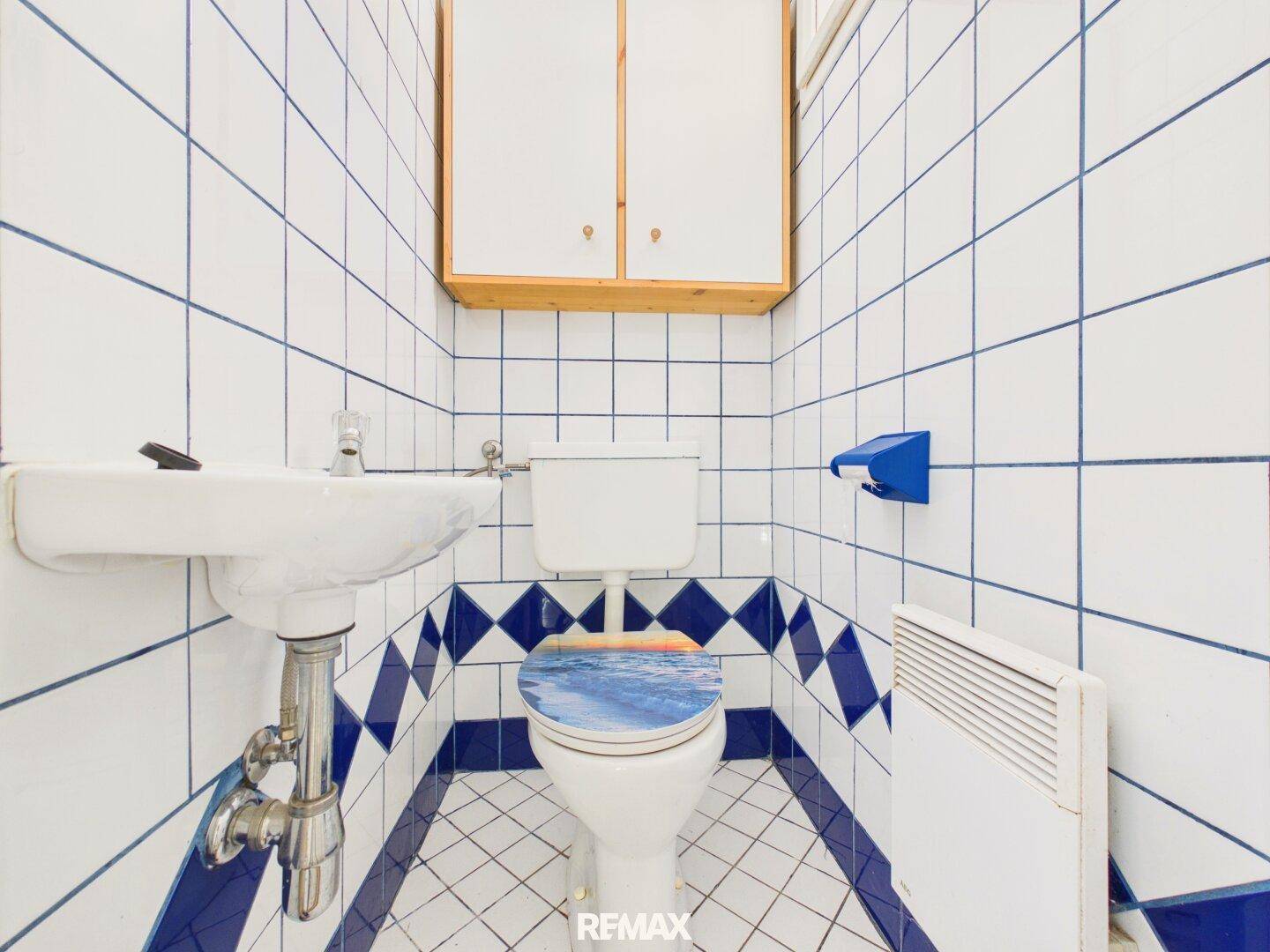 Kleines Gäste-WC mit auffälligen blau-weißen Fliesen und einem Waschbecken.