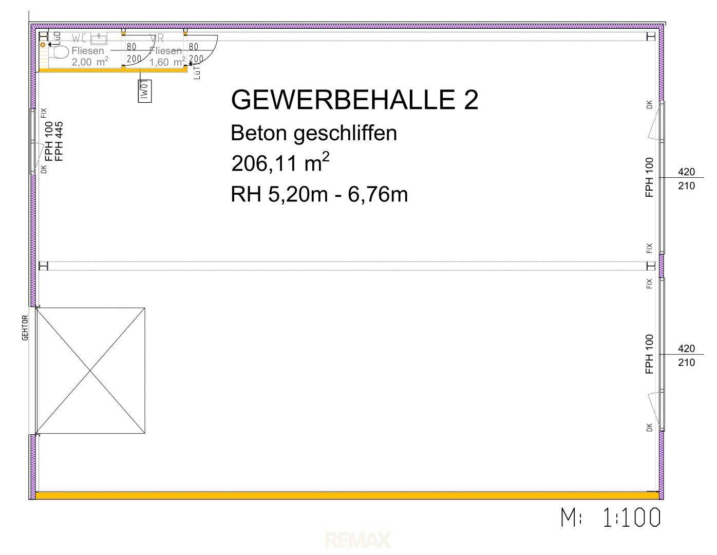 Grundriss einer Gewerbehalle mit geschliffenem Betonboden, hohen Decken und einem WC-Bereich.