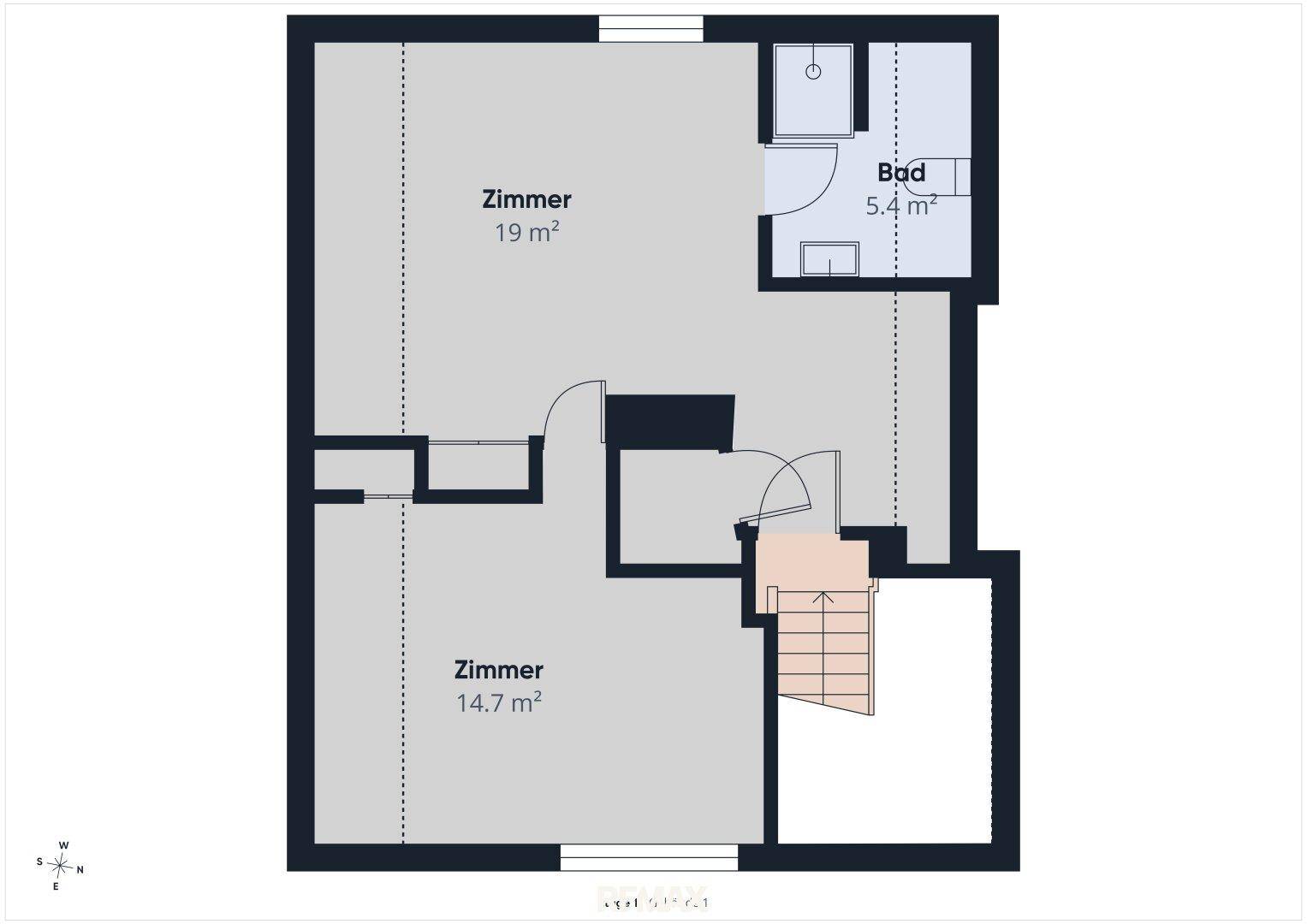 Grundriss des Obergeschosses mit zwei Zimmern und einem Badezimmer.