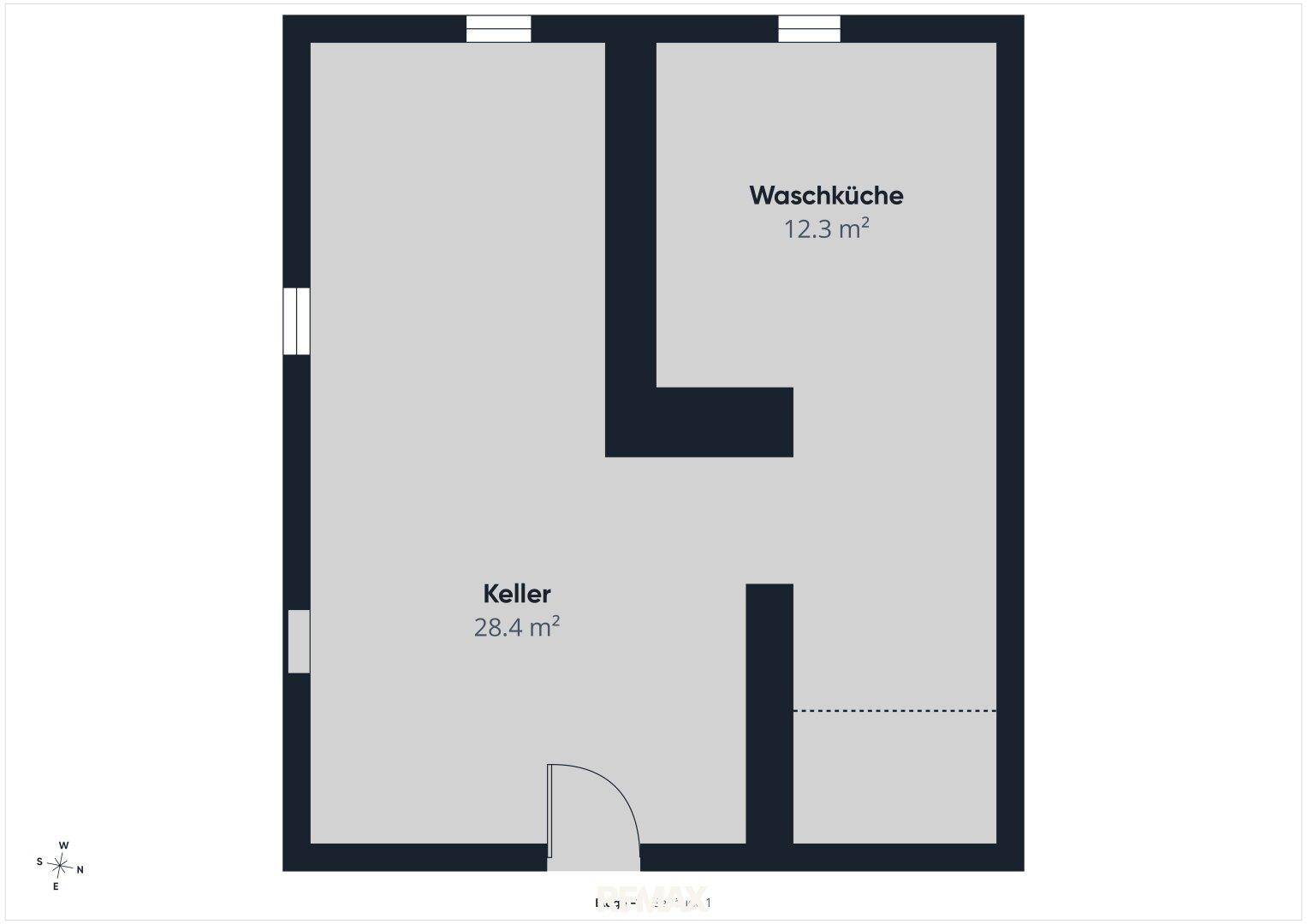 Grundriss des Kellers mit separater Waschküche und Fenstern für natürliche Belüftung.