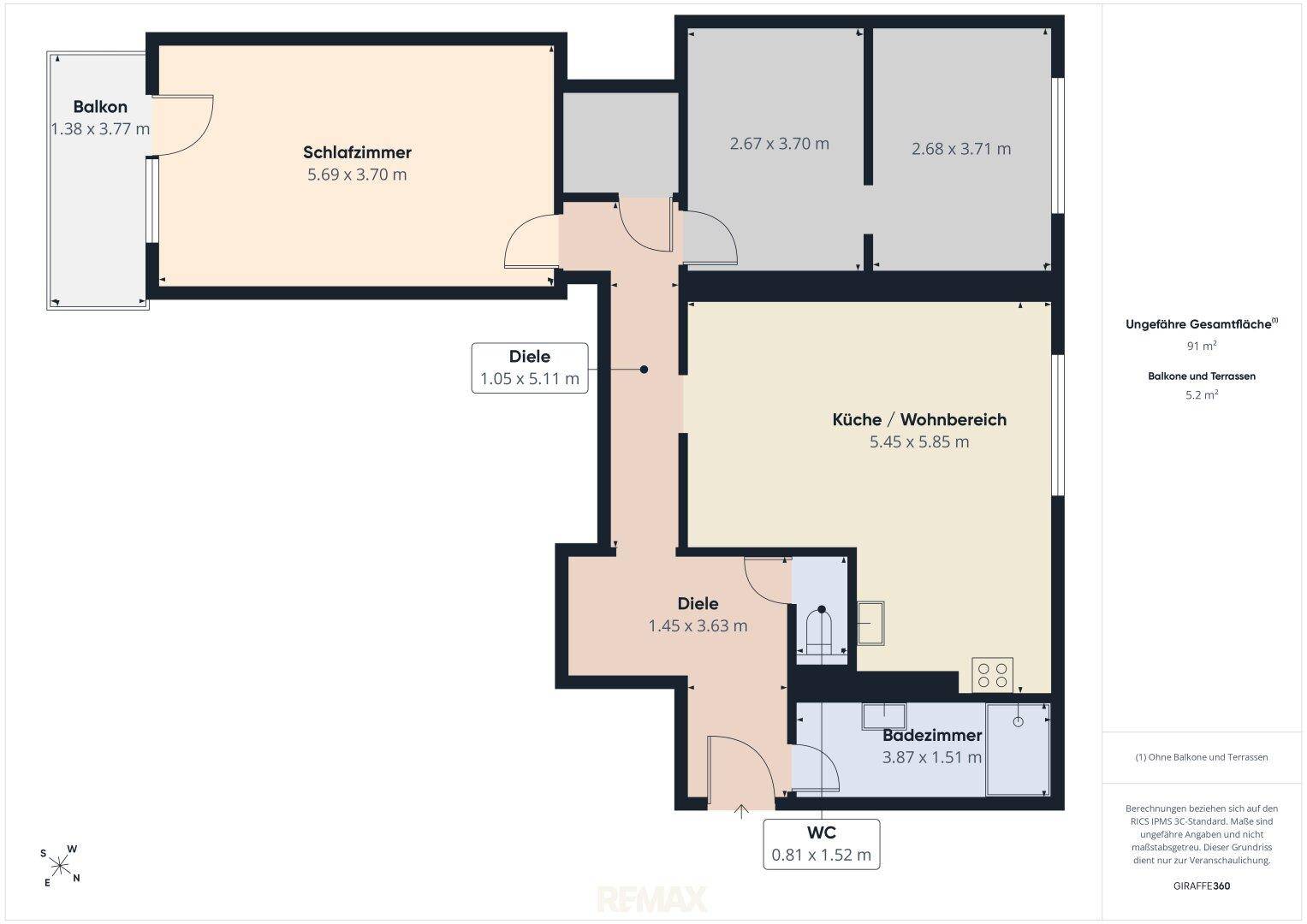 Grundriss der Wohnung mit Schlafzimmer, Wohnküche, Bad und WC, inklusive Balkon.