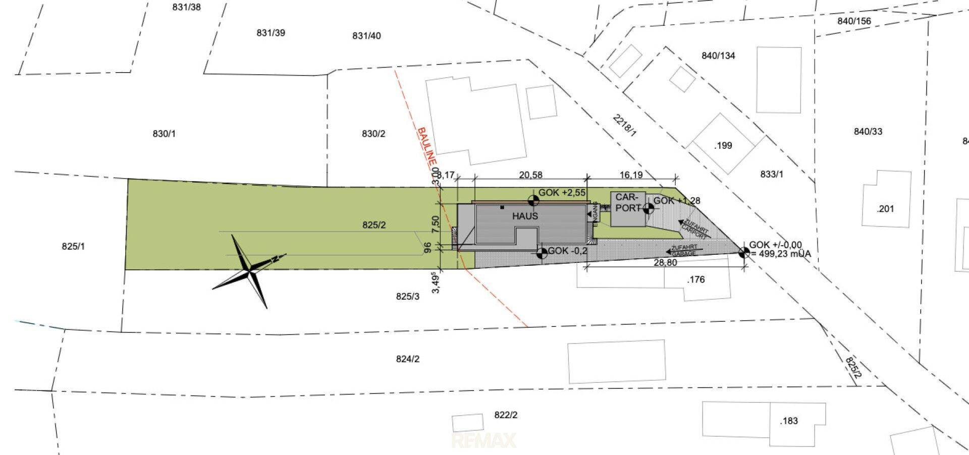 Katasterplan zeigt das Grundstück mit eingezeichnetem Haus, Carport und den umliegenden Parzellen.