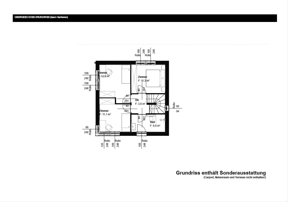 Grundriss des Obergeschosses mit drei Schlafzimmern und einem Badezimmer.
