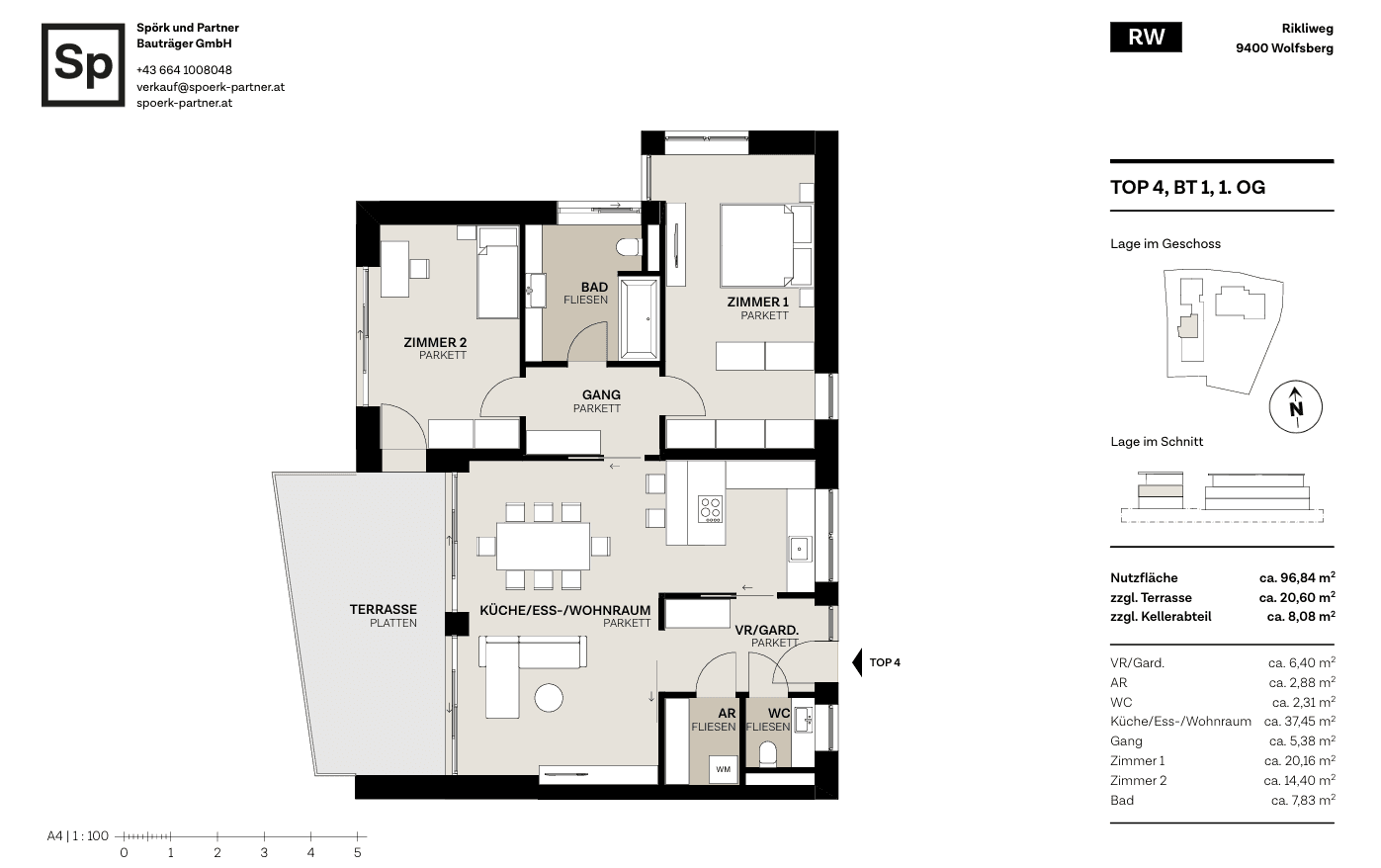 Grundriss einer Wohnung mit zwei Schlafzimmern, offener Küche und großer Terrasse.